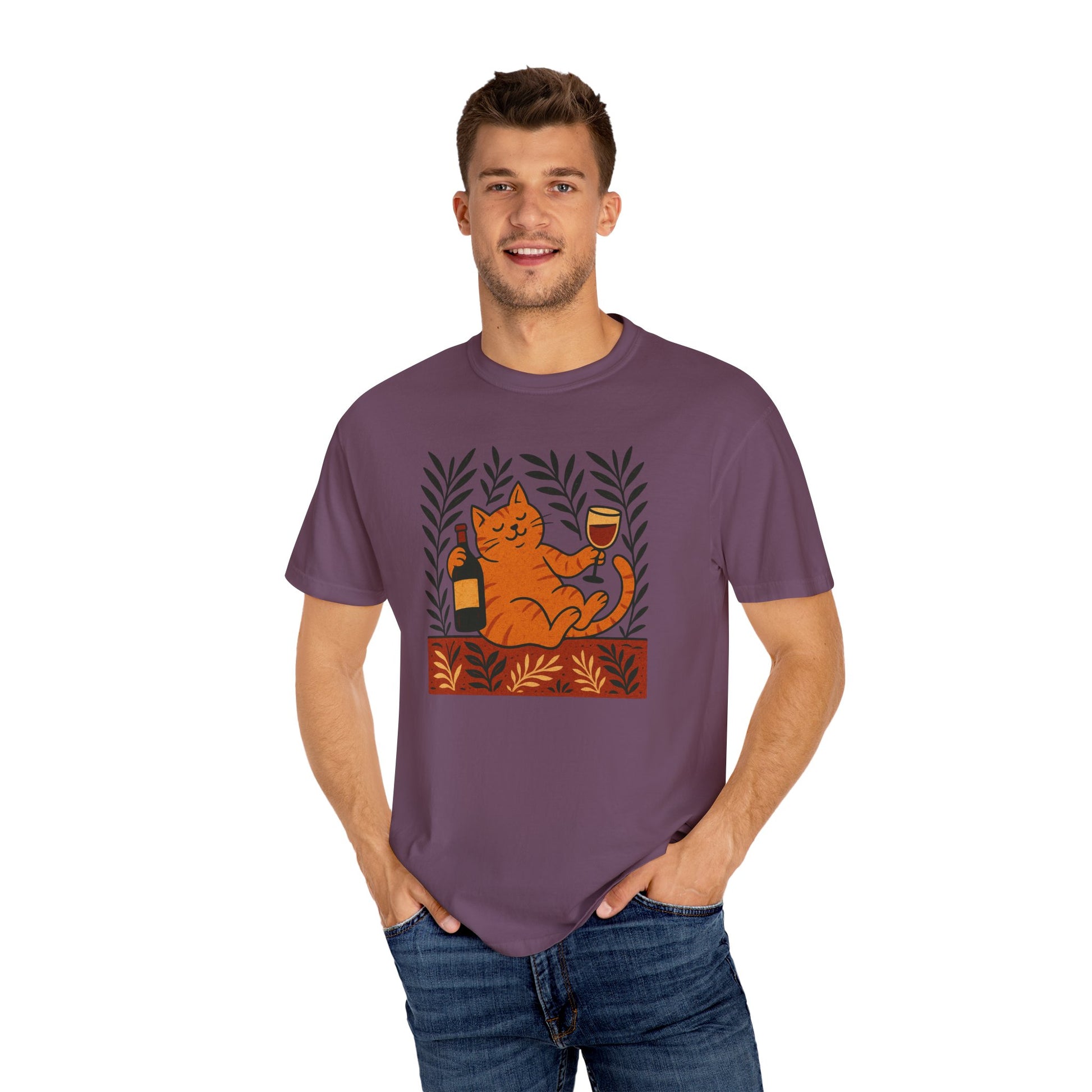 Comfort Colors® Matisse Inspired Cat Shirt, Wine Lover Cat Shirt, Artistic Design, Cat Lover Gift, Colorful Art Cat Tee, Gift for Cat Lovers