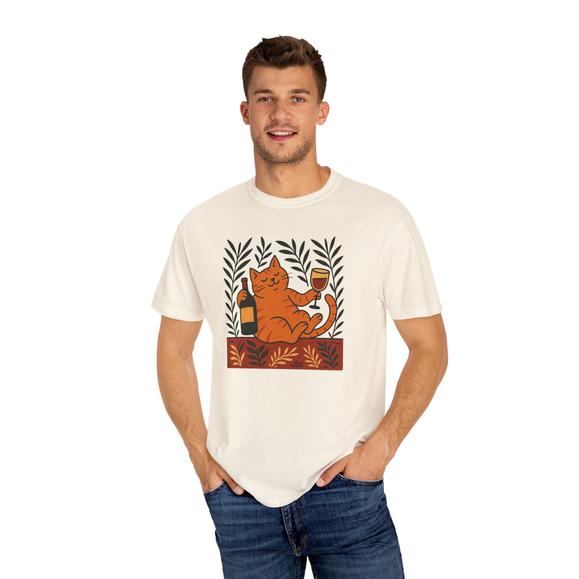 Comfort Colors® Matisse Inspired Cat Shirt, Wine Lover Cat Shirt, Artistic Design, Cat Lover Gift, Colorful Art Cat Tee, Gift for Cat Lovers
