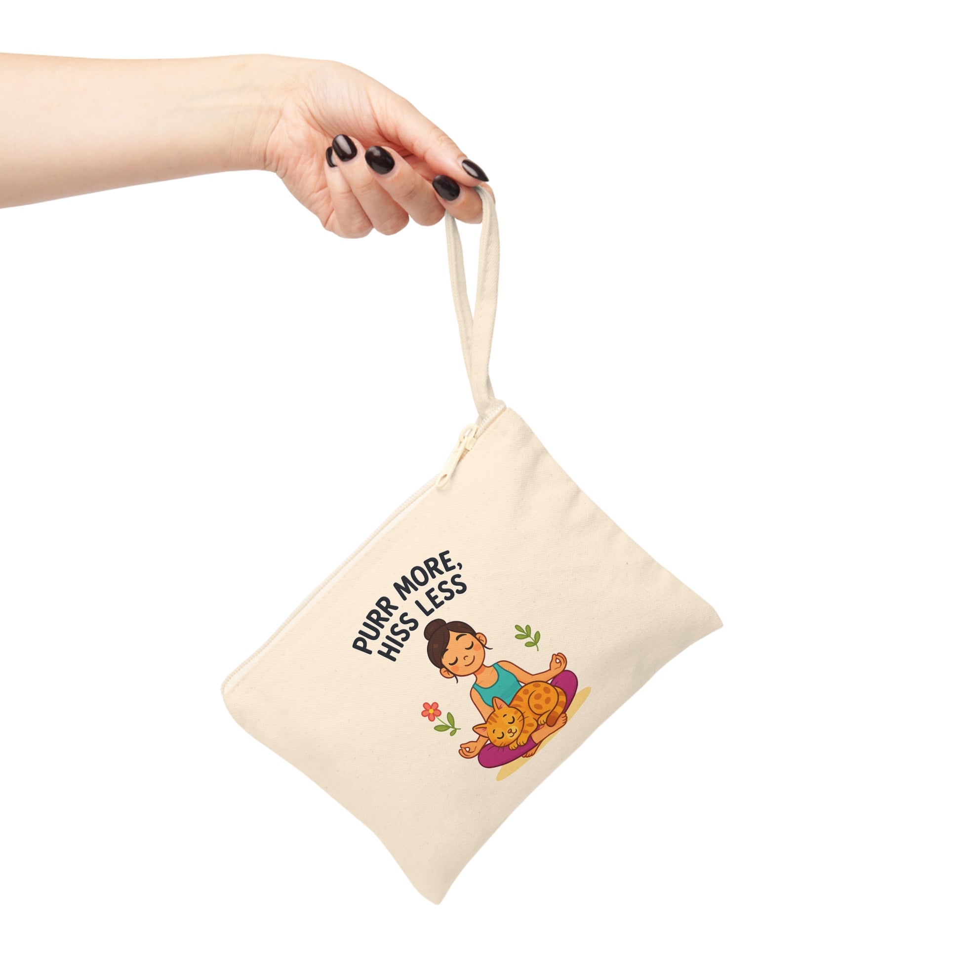 Purr More, Hiss Less Zipper Pouch, Cat Lover Accessory, Cute Cat Pouch, Yoga Zipper Bag, Gift for Cat Owners, Meditation Pouch