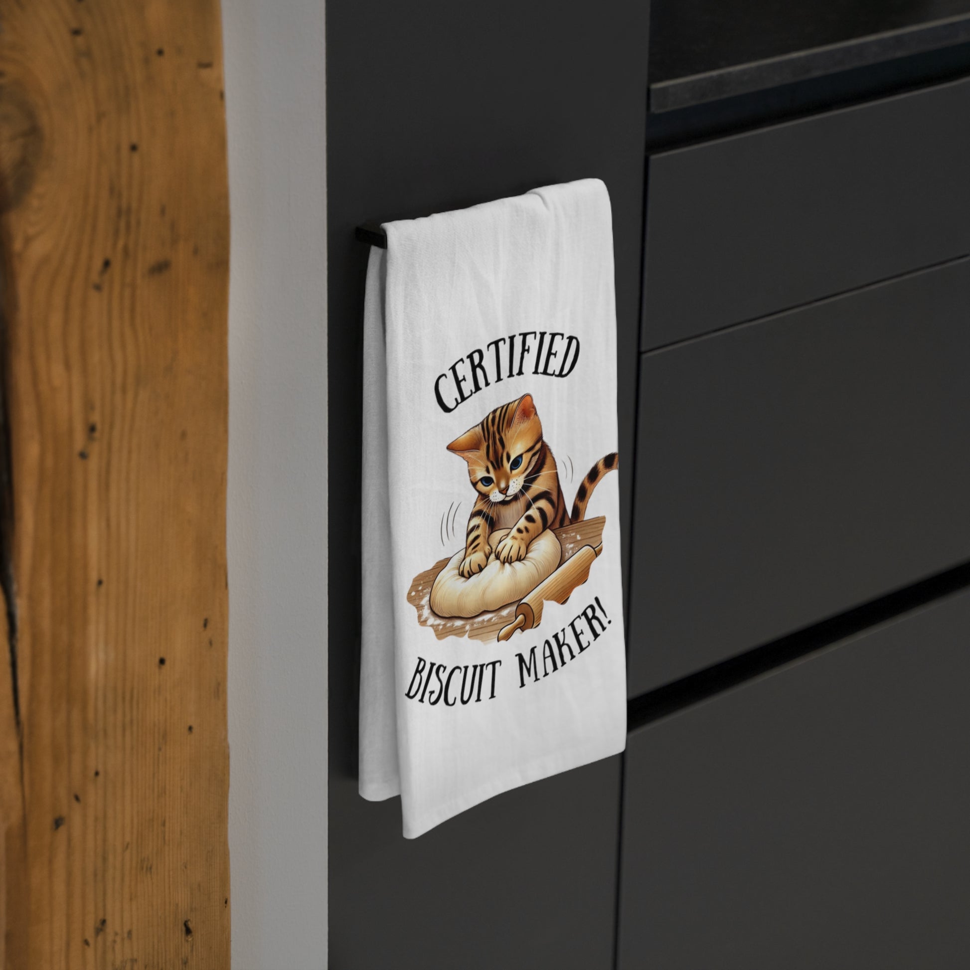 Cute Tea Towel for Cat Lovers, Certified Biscuit Maker Kitchen Decor, Unique Gift for Cat Lovers, Cat Owner Gift, Fun Home Accents