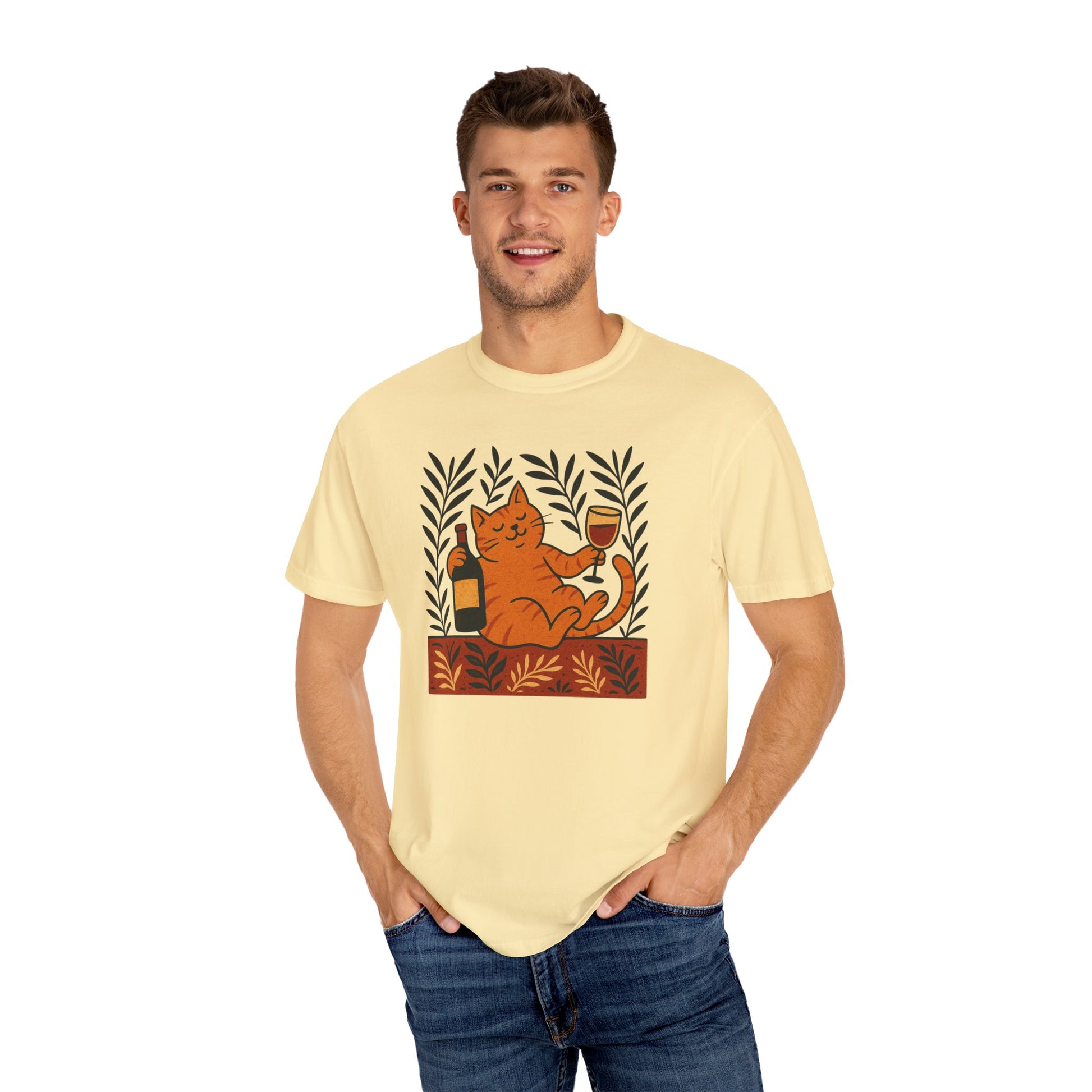 Comfort Colors® Matisse Inspired Cat Shirt, Wine Lover Cat Shirt, Artistic Design, Cat Lover Gift, Colorful Art Cat Tee, Gift for Cat Lovers