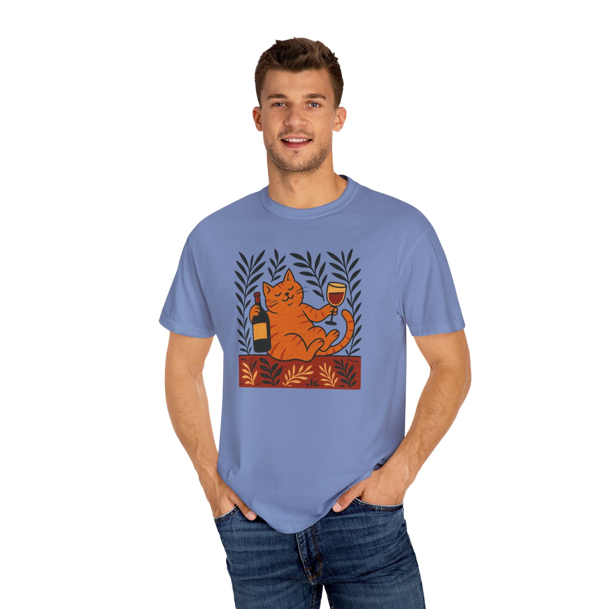Comfort Colors® Matisse Inspired Cat Shirt, Wine Lover Cat Shirt, Artistic Design, Cat Lover Gift, Colorful Art Cat Tee, Gift for Cat Lovers