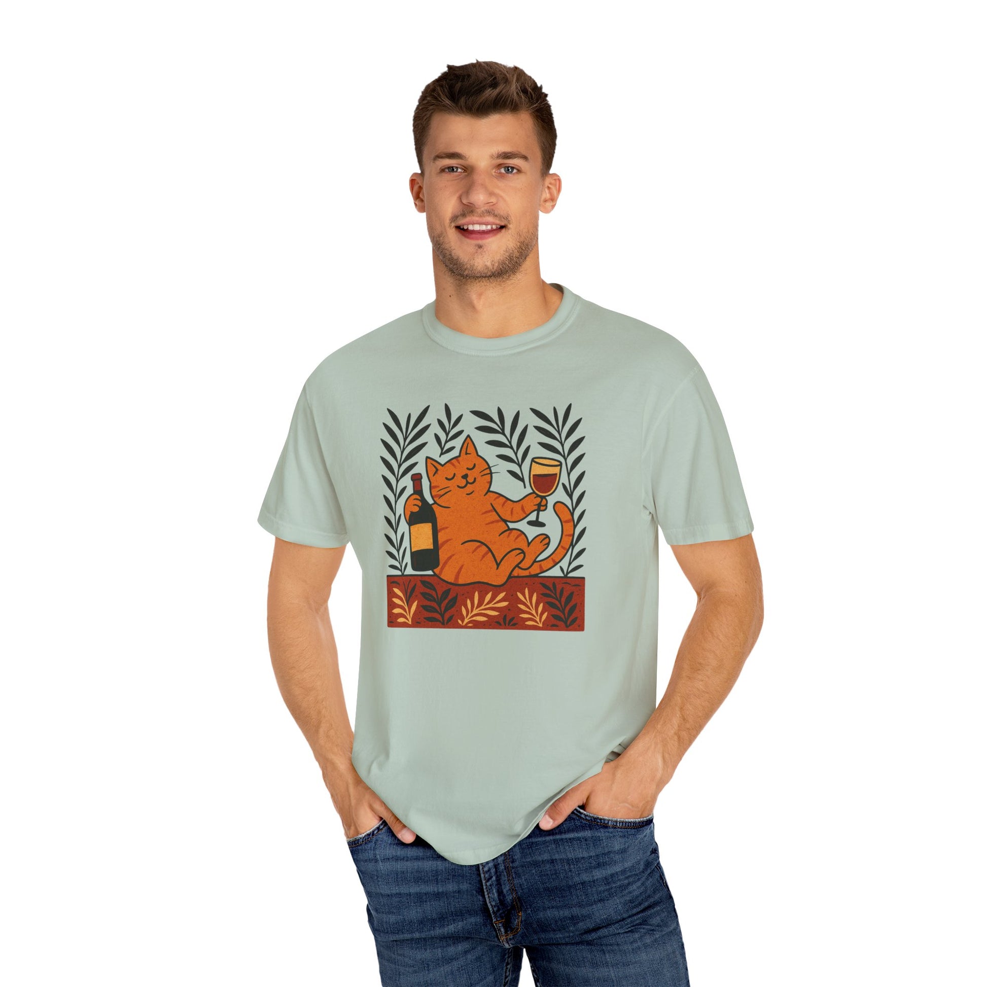 Comfort Colors® Matisse Inspired Cat Shirt, Wine Lover Cat Shirt, Artistic Design, Cat Lover Gift, Colorful Art Cat Tee, Gift for Cat Lovers